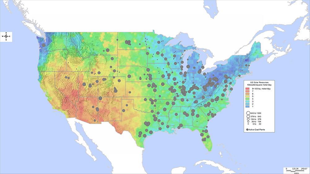 Map of the U.S. showing solar resource availability in kilowatts per square meter per day. The highest solar availability is in the Southwestern U.S. with the lowest availability in the Northeastern U.S. The map also displays active coal plants, largely concentrated in the Eastern U.S.